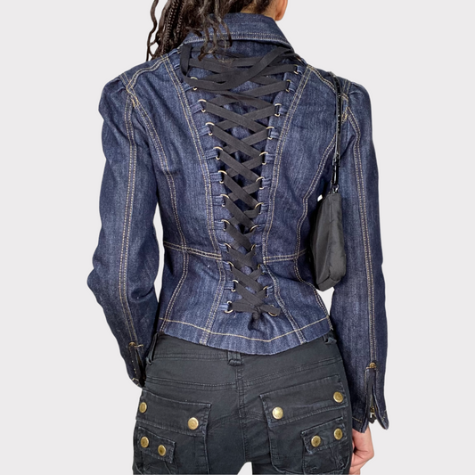 Vintage 90's Model Off Duty Denim Jacket with Contrast Stitching and Lace Up Detail (S/M)