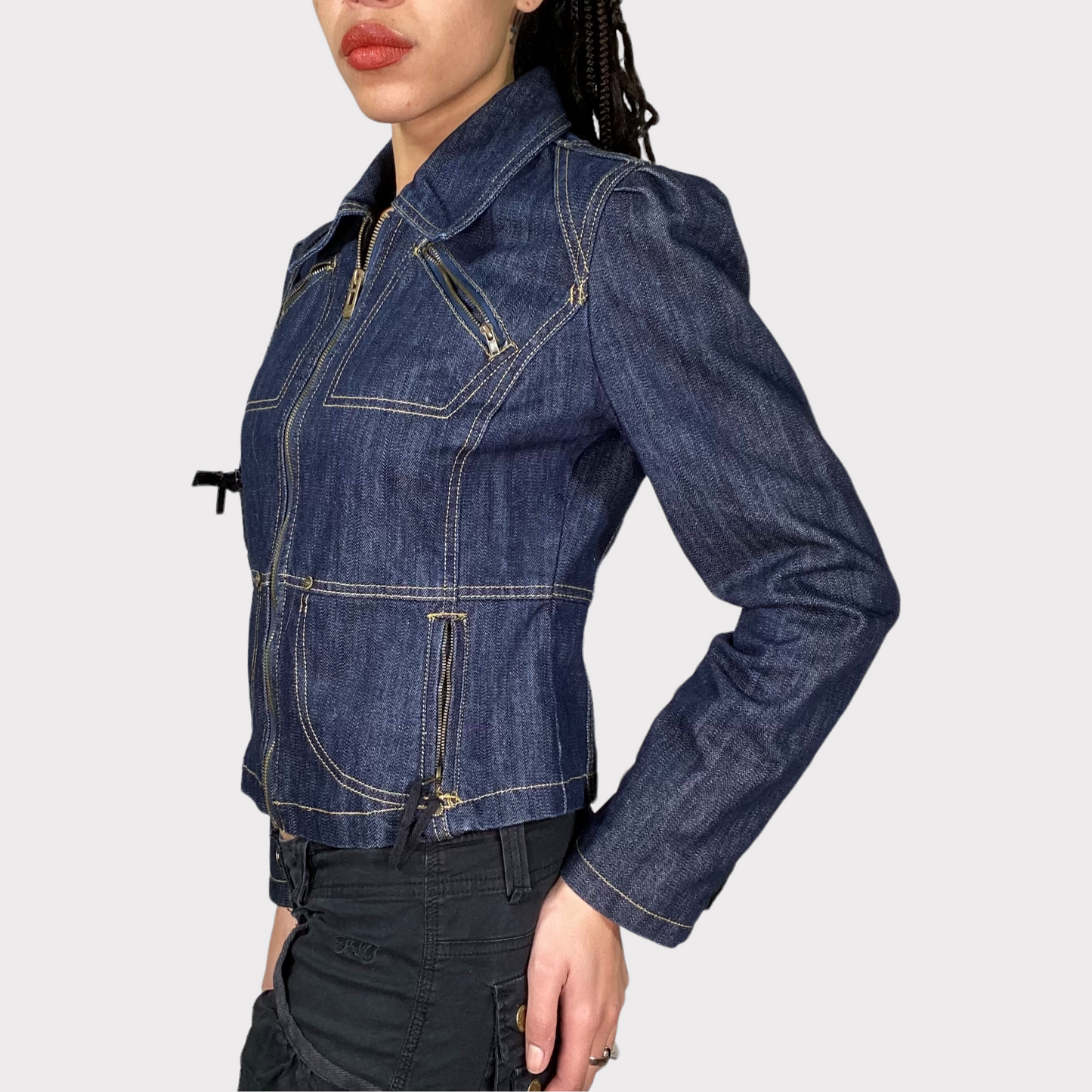 Vintage 90's Model Off Duty Denim Jacket with Contrast Stitching and Lace Up Detail (S/M)