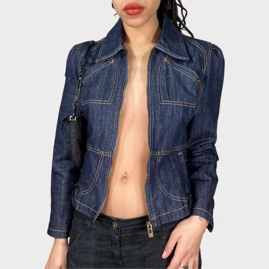 Vintage 90's Model Off Duty Denim Jacket with Contrast Stitching and Lace Up Detail (S/M)