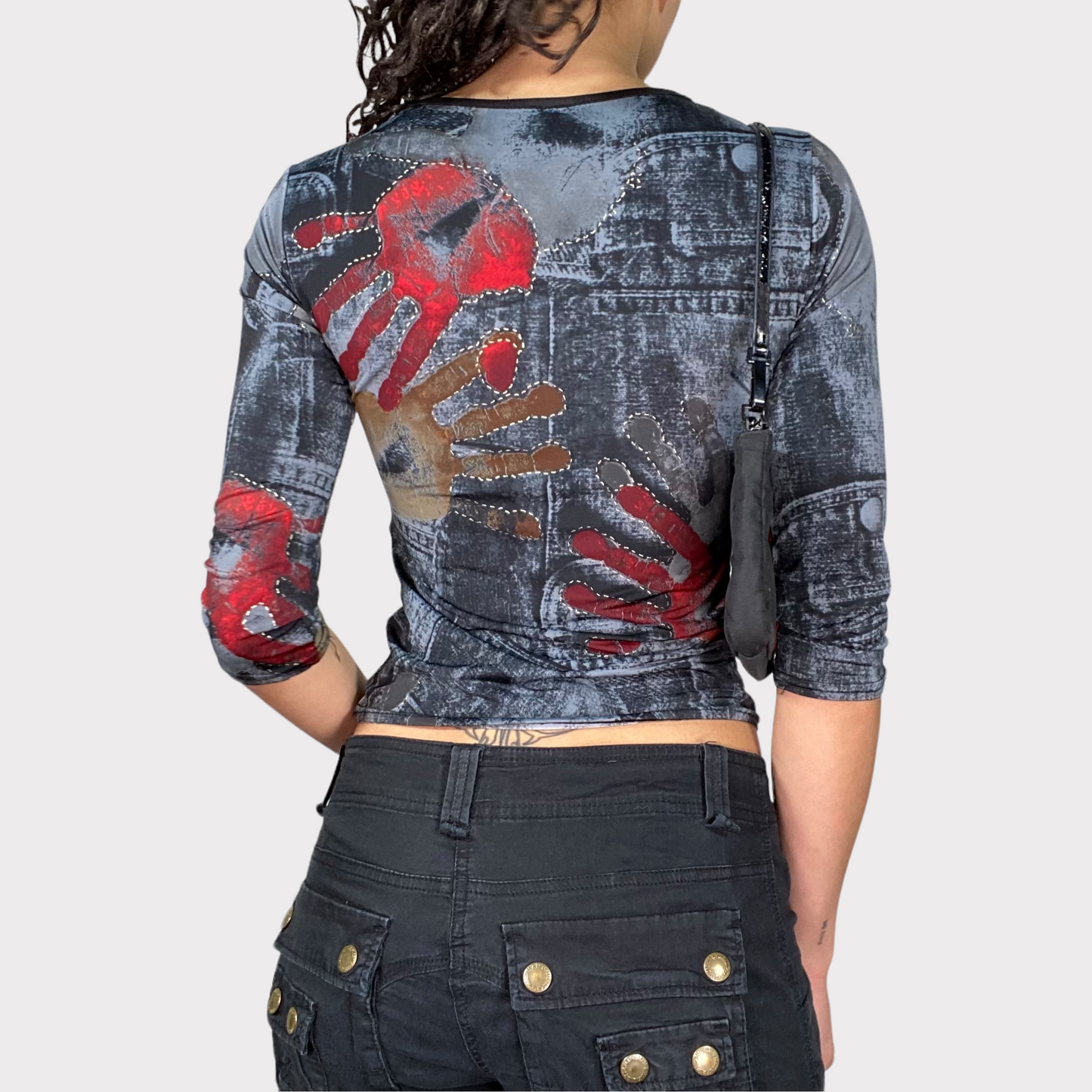 Vintage 2000's Grunge Denim and Hands Print Midi Sleeve Top (XS/S)