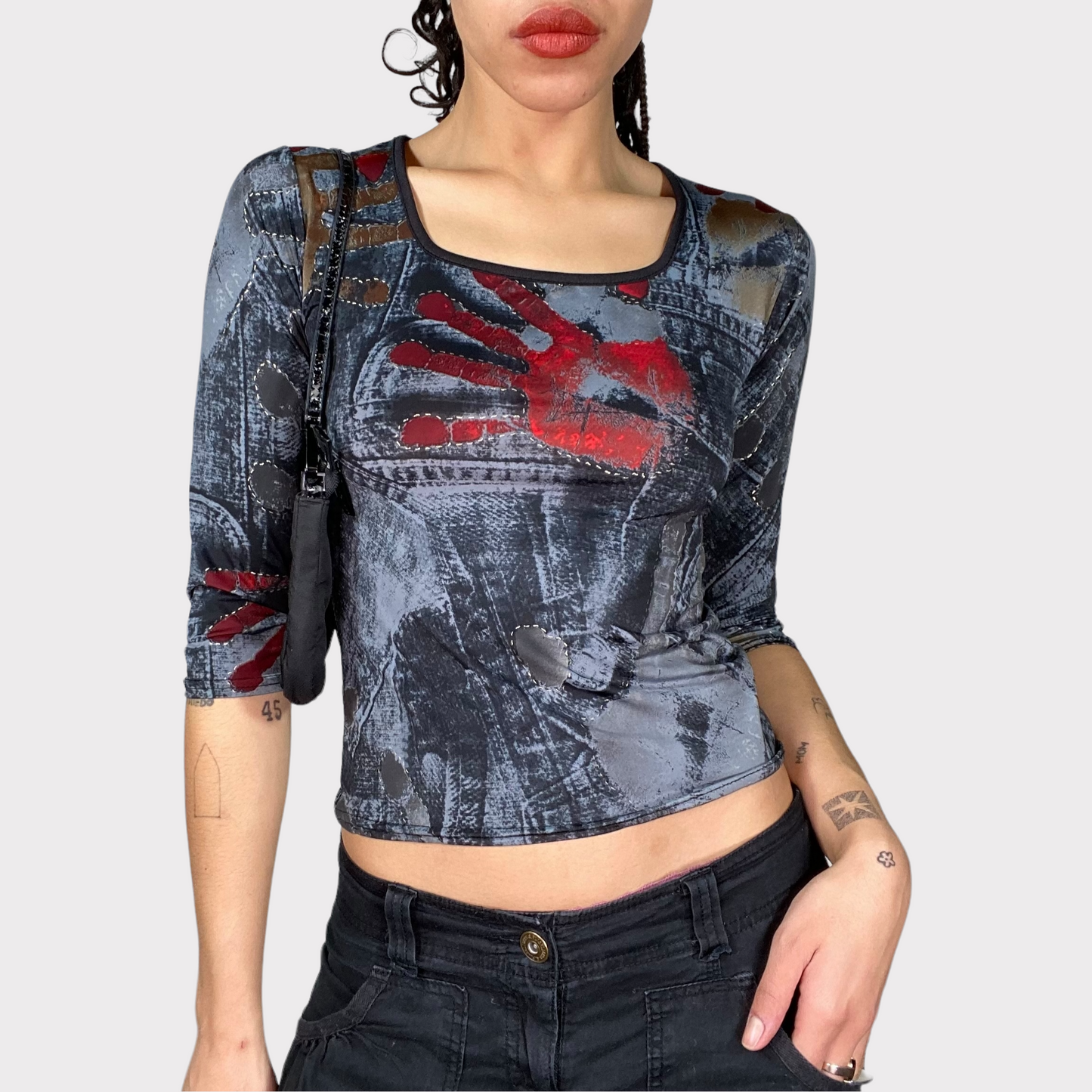 Vintage 2000's Grunge Denim and Hands Print Midi Sleeve Top (XS/S)