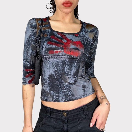 Vintage 2000's Grunge Denim and Hands Print Midi Sleeve Top (XS/S)