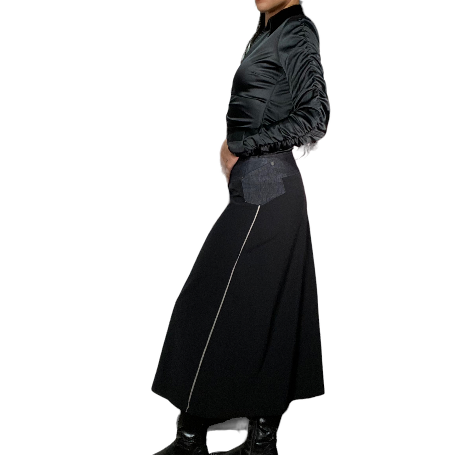Vintage 90's Grunge Black Maxi Skirt with Denim Waist Band (S)