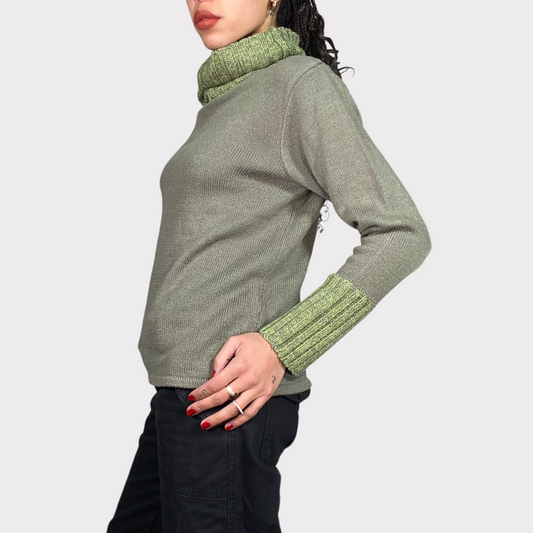 Vintage 90's Whimsigoth Khaki Green Knit Turtleneck Sweater (M)