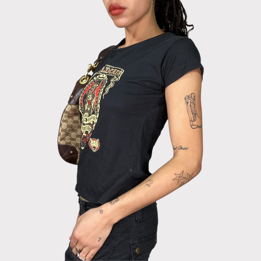 Vintage 2000's Gothic Black Shirt with 'Wild Cat' and Skeleton Print (S/M)