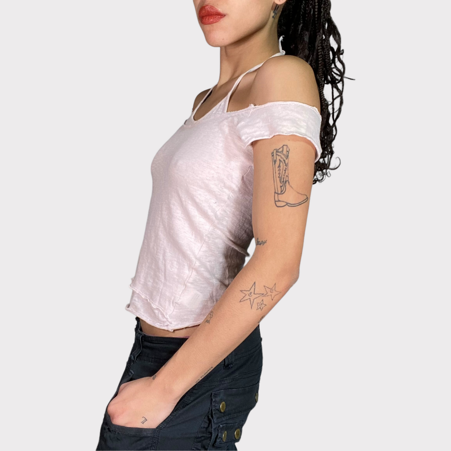 Vintage 2000's Skater Girl Baby Pink Off Shoulder and Combined Halter Neck Top (M)
