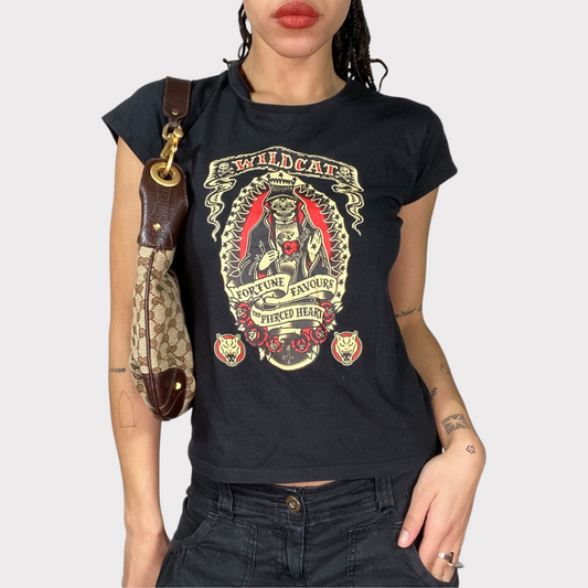 Vintage 2000's Gothic Black Shirt with 'Wild Cat' and Skeleton Print (S/M)