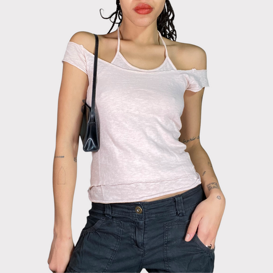Vintage 2000's Skater Girl Baby Pink Off Shoulder and Combined Halter Neck Top (M)