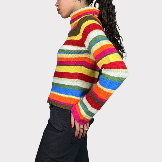 Vintage 90's Gilmore Girls Rainbow Striped Knit Turtleneck Sweater (S)