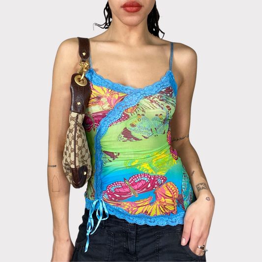 Vintage 2000's Funky Multicolor Asymmetrical Cami Top with Lace Trim (XS/S)