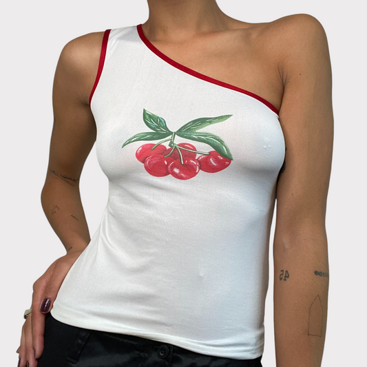 Vintage 2000's Skater White One Shoulder Top with Cherry Print and Red Hem (S)