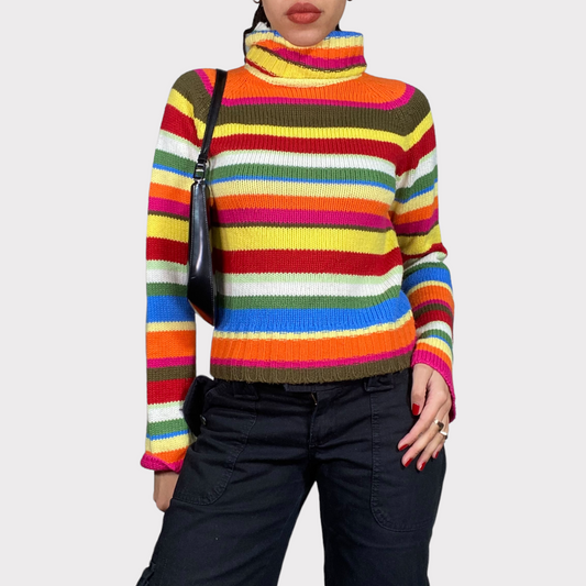 Vintage 90's Gilmore Girls Rainbow Striped Knit Turtleneck Sweater (S)