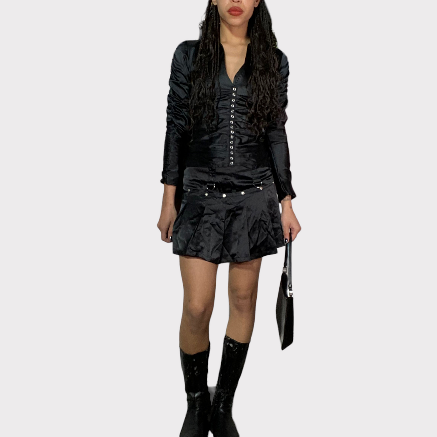 Vintage 2000's Bratz Black Satin Pleated Mini Skirts with Stud Details (S)