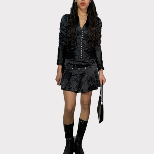 Vintage 2000's Bratz Black Satin Pleated Mini Skirts with Stud Details (S)