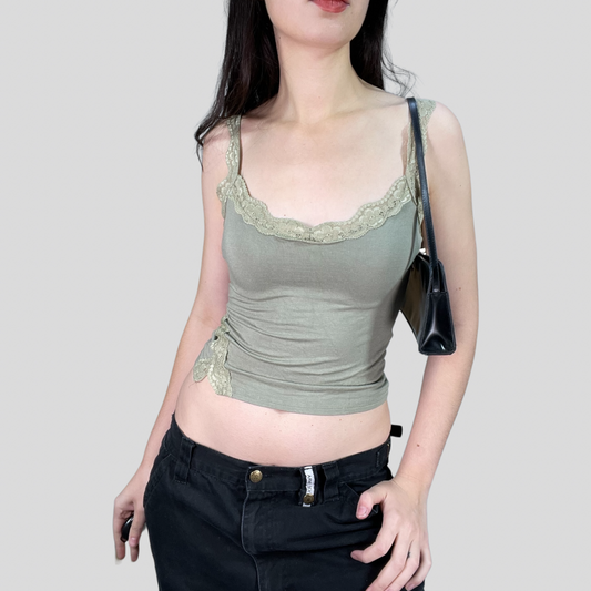Vintage 2000's Downton Girl Khaki Top with Lace Trim and Straps (S)