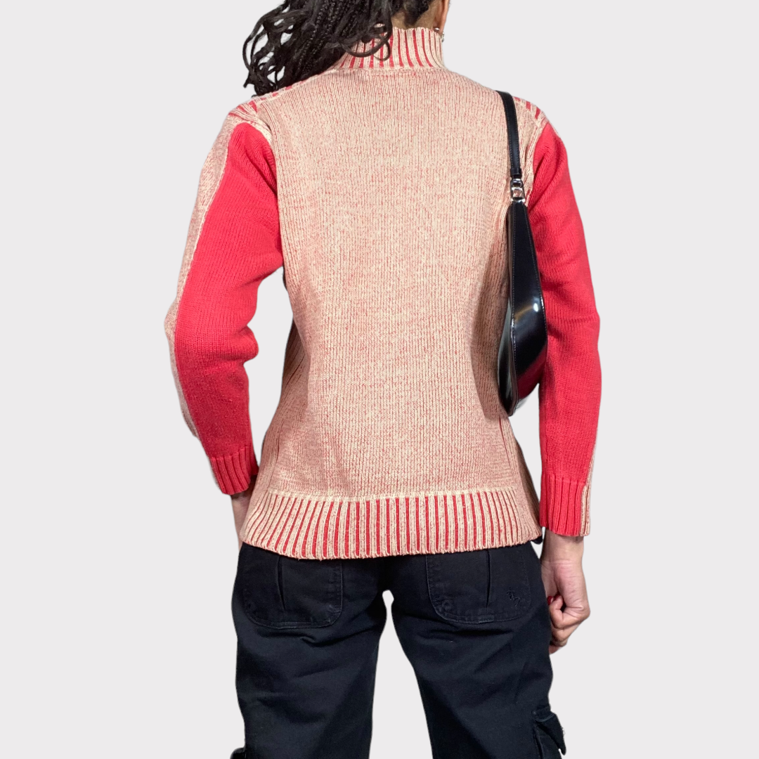 Vintage 90's Skater Red and White Quarter Zip Knit 'Oxbow' Sweater (M)