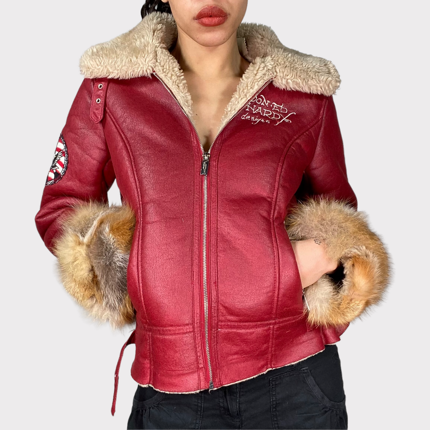 Vintage 2000's Archive Ed Hardy Red Suede Jacket with Fur Trim (S)