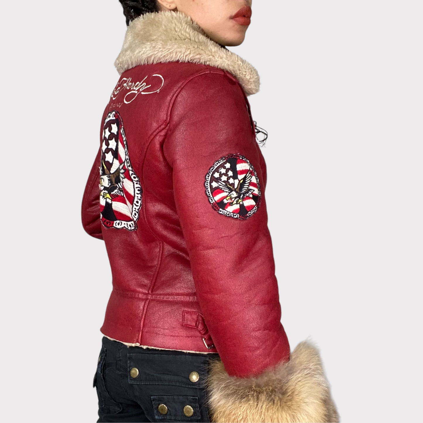Vintage 2000's Archive Ed Hardy Red Suede Jacket with Fur Trim (S)