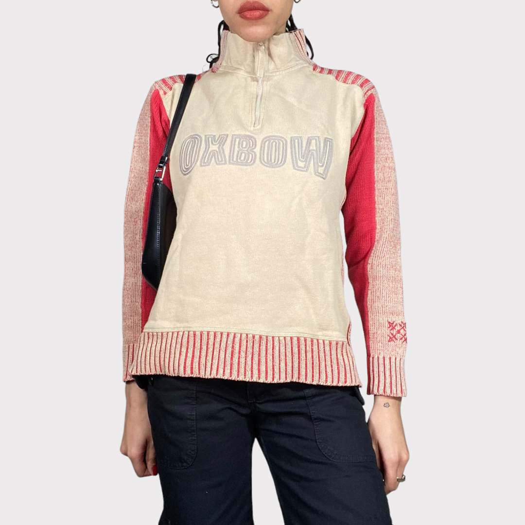 Vintage 90's Skater Red and White Quarter Zip Knit 'Oxbow' Sweater (M)