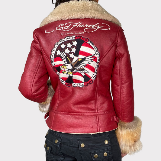 Vintage 2000's Archive Ed Hardy Red Suede Jacket with Fur Trim (S)