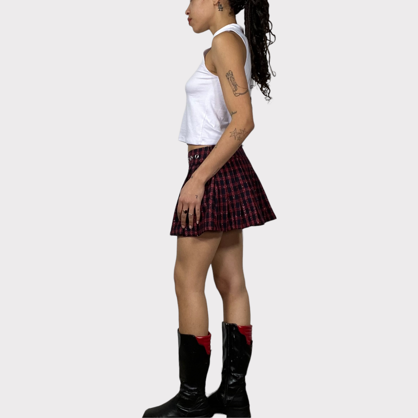 Vintage 90's Downtown Girl Red and Black Plaid Glittery Mini Skirt (S/M)