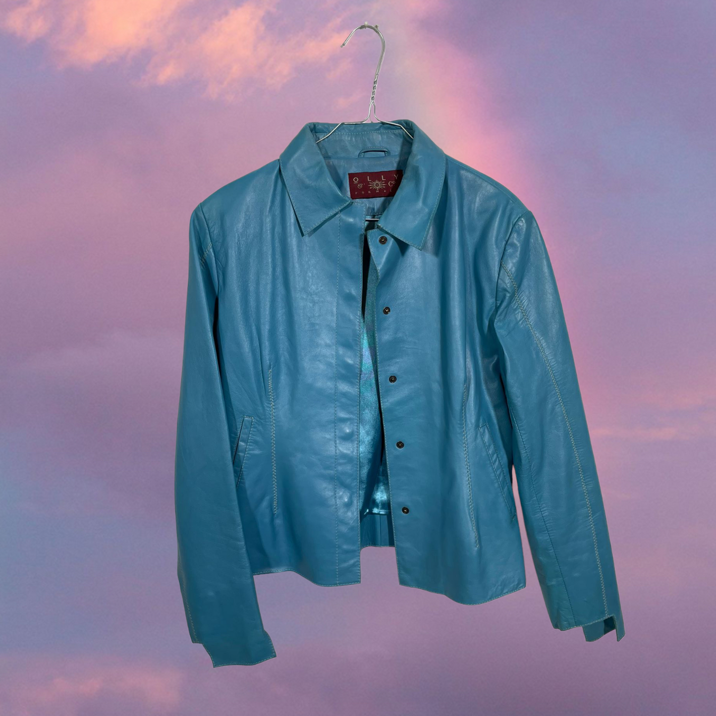 Vintage 2000 Funky Aqua Blue Button Up Leather Jacket with Stitching Details(S)