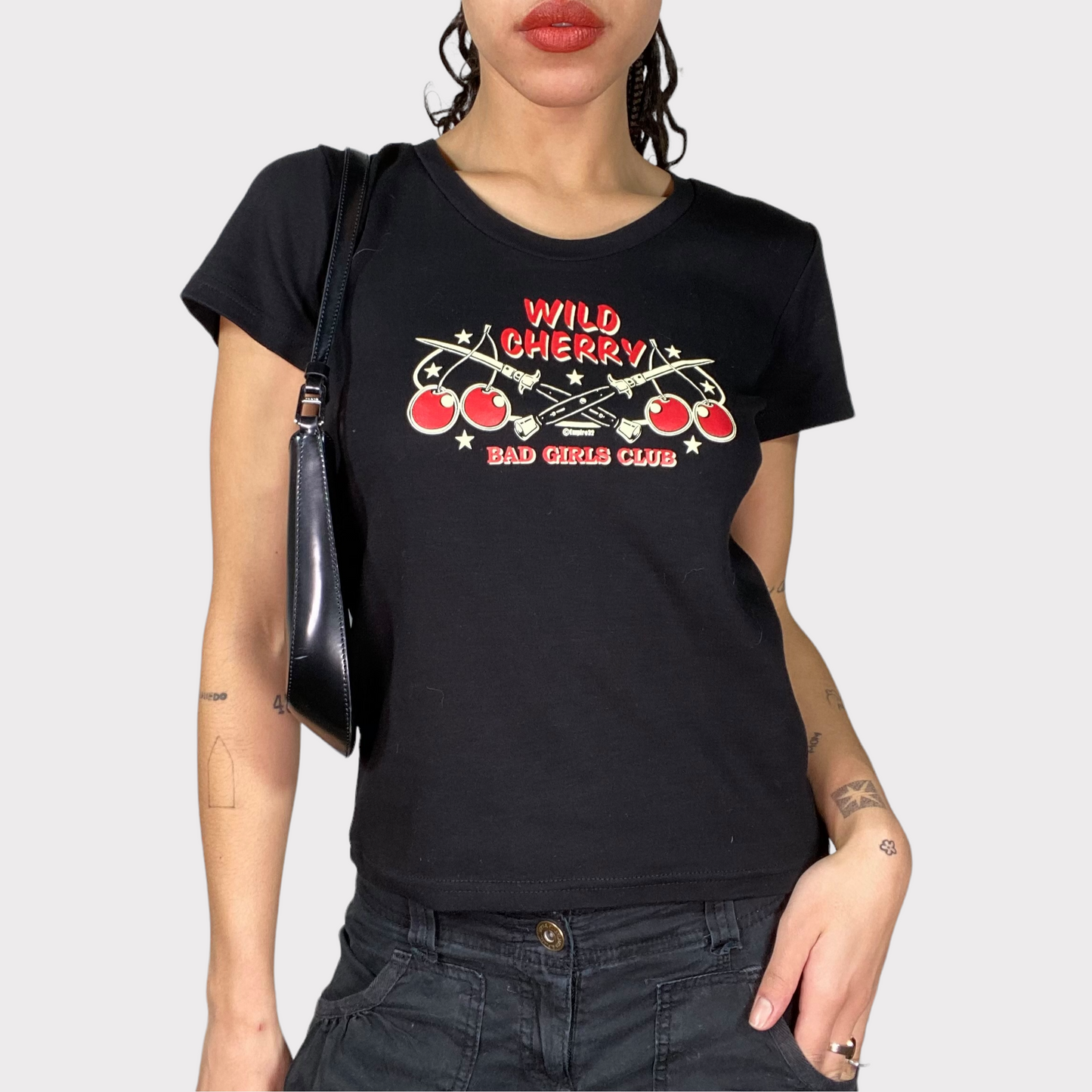 Vintage 2000's Skater Black Baby Tee with 'Wild Cherry' Print (S)