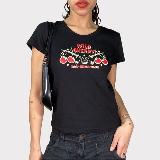 Vintage 2000's Skater Black Baby Tee with 'Wild Cherry' Print (S)