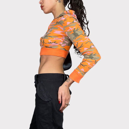 Vintage 2000's Skater Orange Camo Ultra Cropped Zip Up Hoodie (XS)