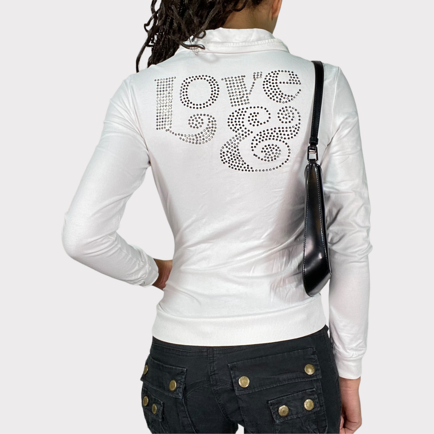 Vintage 2000's Bratz White Scrunched Zip Up Sweater with Rhinestone Back Print (S)