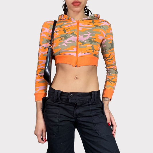 Vintage 2000's Skater Orange Camo Ultra Cropped Zip Up Hoodie (XS)