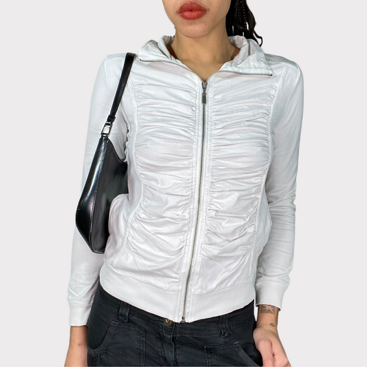 Vintage 2000's Bratz White Scrunched Zip Up Sweater with Rhinestone Back Print (S)