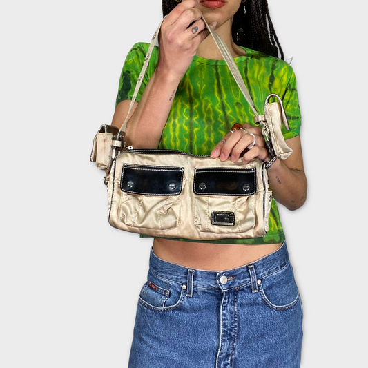Vintage 2000's Gold and Black GUESS Shoulder Bag with Pocket Details