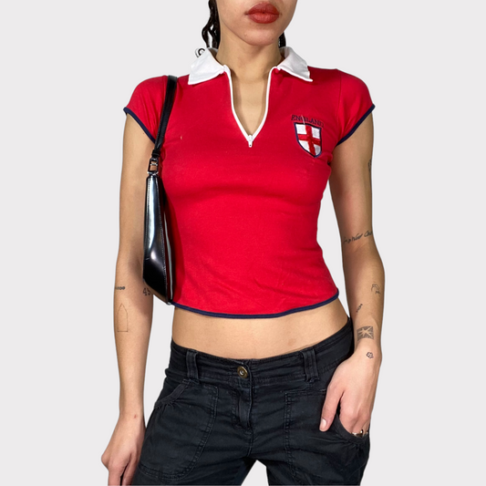 Vintage 2000's Football Core Red Collared England Top with Quarter Zip (S)