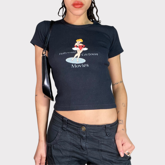 Vintage 90's Skater Black Baby Tee with Cartoon Print (S)