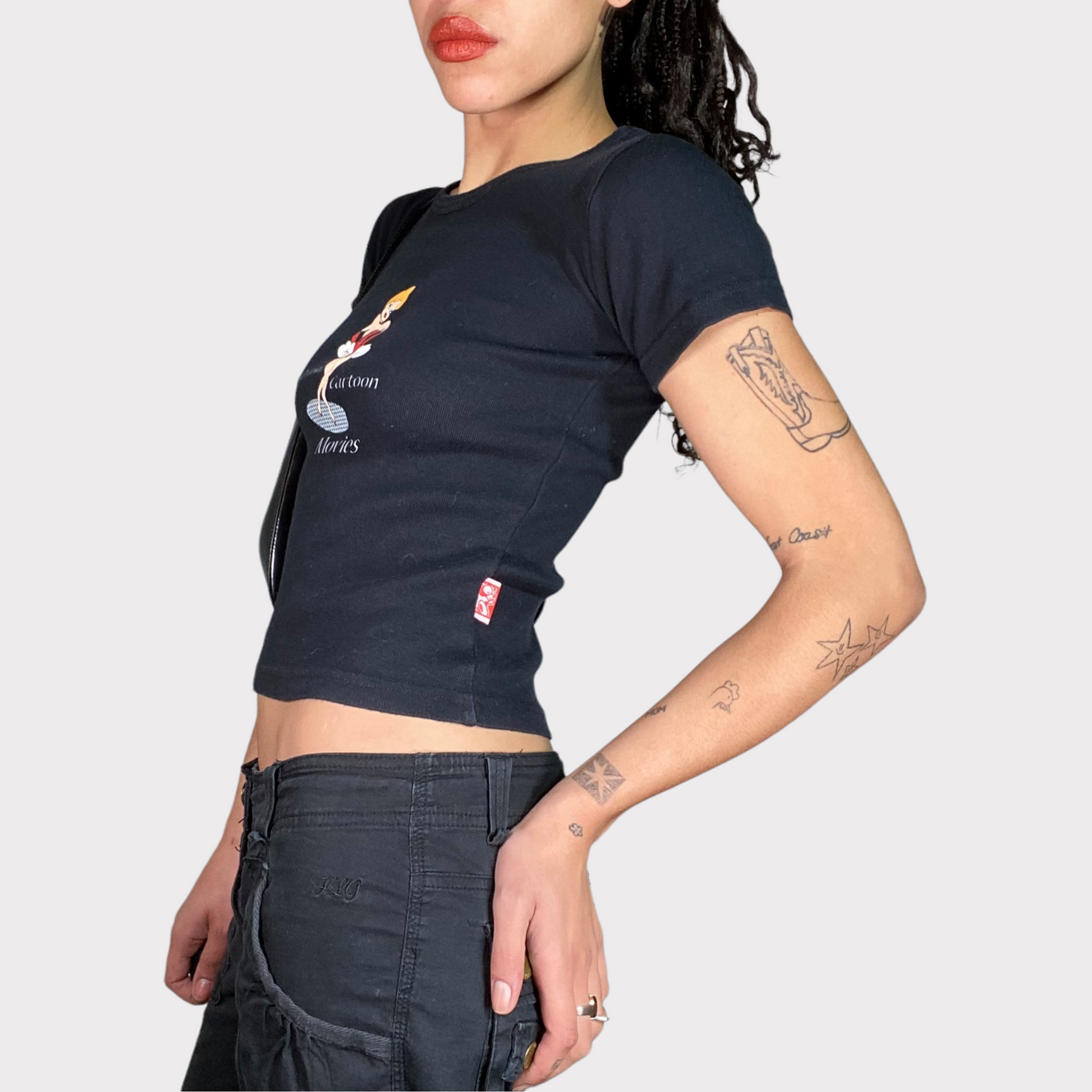 Vintage 90's Skater Black Baby Tee with Cartoon Print (S)