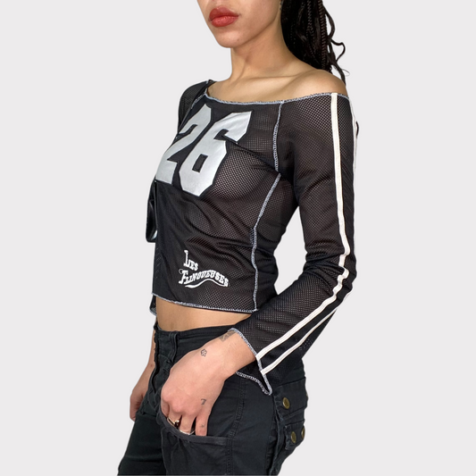 Vintage 2000's Sporty Off Shoulder Net Top with '26' Print (S/M)