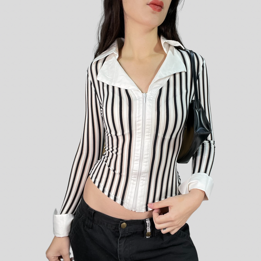 Vintage 90's Model Off duty Black and White Striped Zip Up Blouse (S)