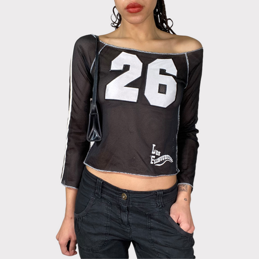Vintage 2000's Sporty Off Shoulder Net Top with '26' Print (S/M)