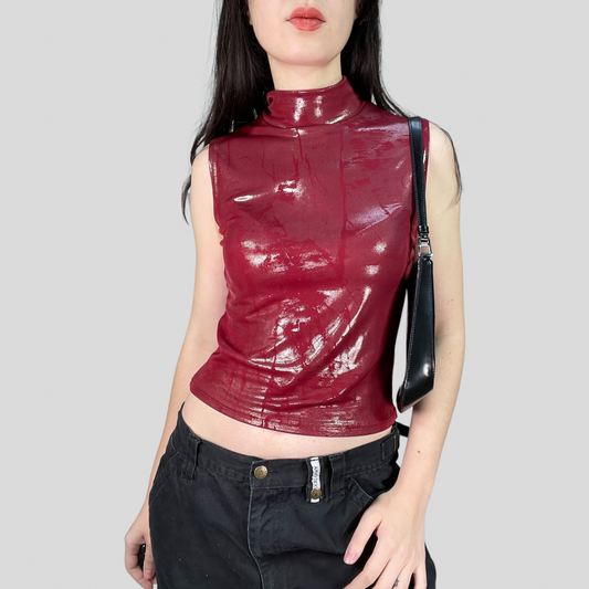 Vintage 90's Downtown Girl Bordeaux Red Sleeveless Shiny Turtle Neck (S/M)