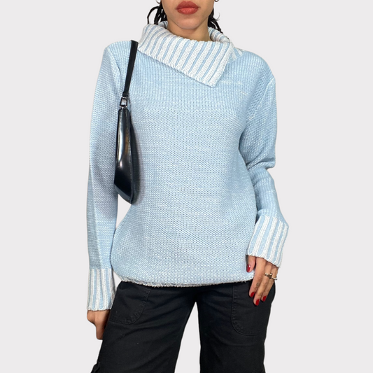 Vintage 90's Gilmore Girls Baby blue Ribbed Asymmetric Collar Knit Sweater (M)