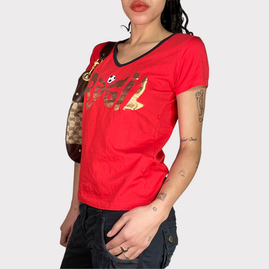Vintage 2000's Football Core Red 'Brazil' V-Neck Shirt (M)