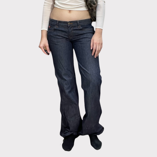 Vintage 90's Model Off duty Dark Wash Flared Jeans with Contrast Stitching (S)