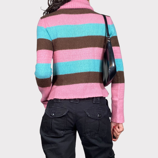 Vintage 90's Gilmore Girls Pink/ Blue/ Brown Striped Knit Turtleneck (S)