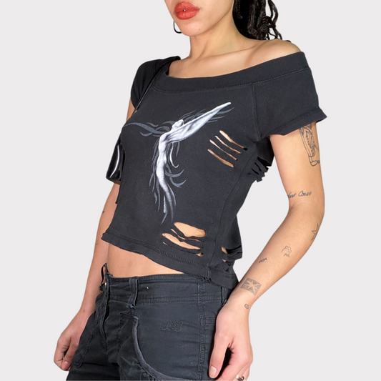 Vintage 2000's Distressed Black Off Shoulder Top with Tribal and Angel Print (M)