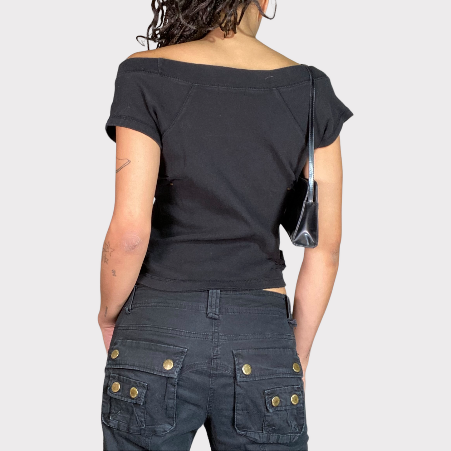Vintage 2000's Distressed Black Off Shoulder Top with Tribal and Angel Print (M)
