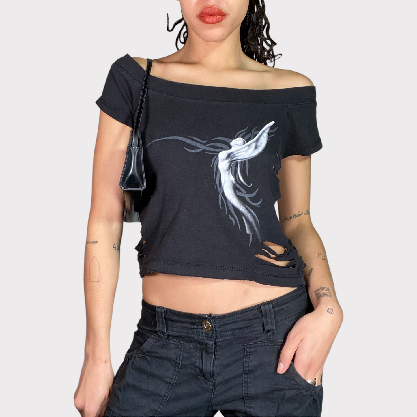 Vintage 2000's Distressed Black Off Shoulder Top with Tribal and Angel Print (M)