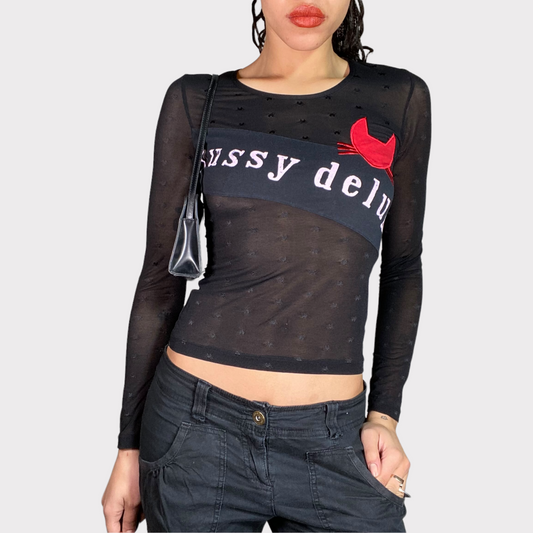 Vintage 2000's Gothic 'Pussy Deluxe' Black Mesh Longsleeve (S)