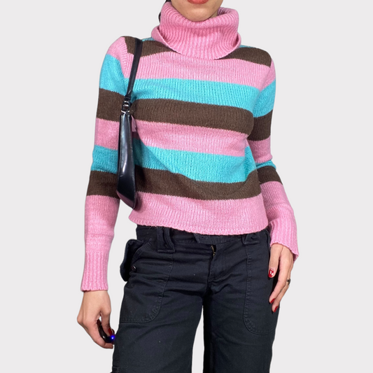 Vintage 90's Gilmore Girls Pink/ Blue/ Brown Striped Knit Turtleneck (S)