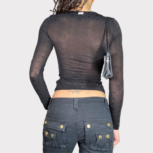 Vintage 2000's Gothic 'Pussy Deluxe' Black Mesh Longsleeve (S)